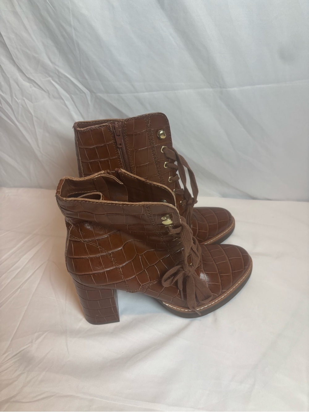 Croc-Embossed Brown Lace-Up Block Heel Ankle Boots